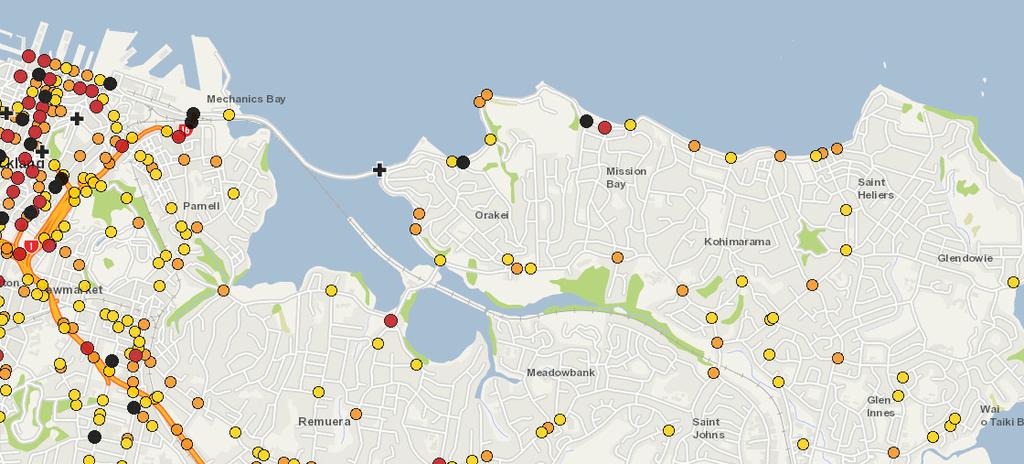 Figure B - Intersection Collective Risk Mapping in Auckland The GIS process enables the risk profile of each and every intersection in a network to be assessed in a standardised, equitable and