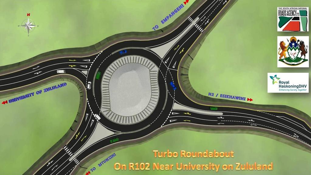 Figure1: Conceptual diagram of the R102 / P535 Turbo Roundabout The most appropriate solution for the University entrance intersection was a median diameter single lane roundabout with pedestrian