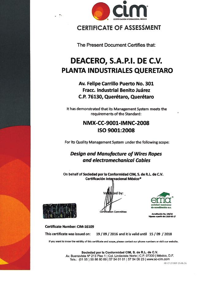 Certificate of assessment Deacero meets and exceeds the