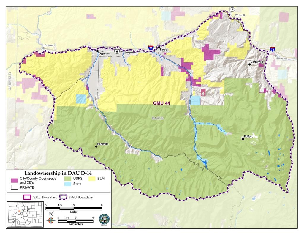 Figure 12. Conservation easements in mule deer DAU D-14. Conflicts with Agriculture There have been no game damage claims related to D-14 mule deer.
