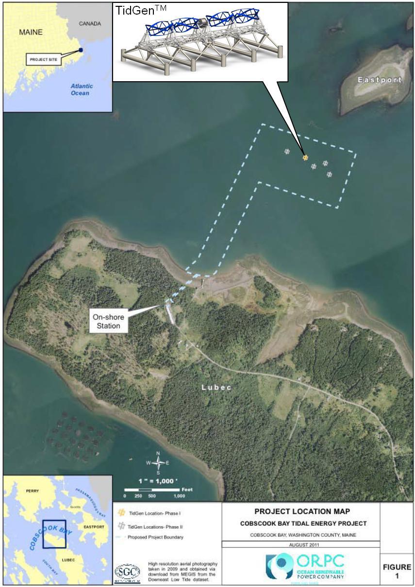 Figure 1. Cobscook Bay Tidal Energy Project location map and TidGen TM device drawing (CBTEP Fisheries and Marine Life Interaction Plan, 01).