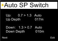 Here, the user now defines the depth at which the setpoint is to be switched automatically from low to high. By pressing the right button Edit the user accesses the edit mode.