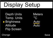 6.21.15 Display Setup (Overview) In this submenu it is possible to set all display options. 6.21.16 Depth Units (Display Setup) Via this menu item it is possible to switch the depth between Meters and Feet.