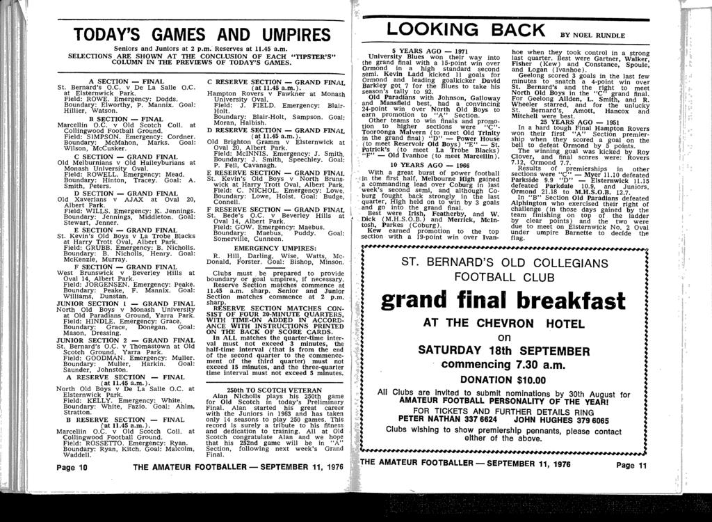 TODAY'S GAMES AND UMPIRES LOOKING BACK BY NOEL RUNDL E Seniors and Juniors at 2 p.m: Reserves at 11.45 a.m. SELECTIONS ARE SHOWN AT THE CONCLUSION OF EACH "TIPSTER'S" COLUMN IN THE PREVIEWS OF TODAY'S GAMES.