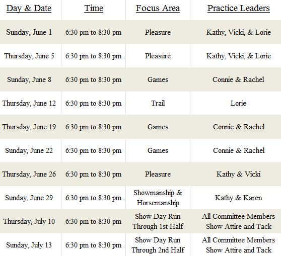 Horse Practice Schedule Horse practice dates and times are set for the summer! Remember you must attend at least 2 practices with your horse for the full 2 hours to be eligible to show at fair.