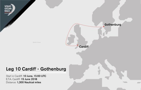 Leg 10 Cardiff to Gothenburg It is about half of the route around the British Isles, starting from Cardiff and heading north along the coast of Wales, then up and over the north of Scotland, before