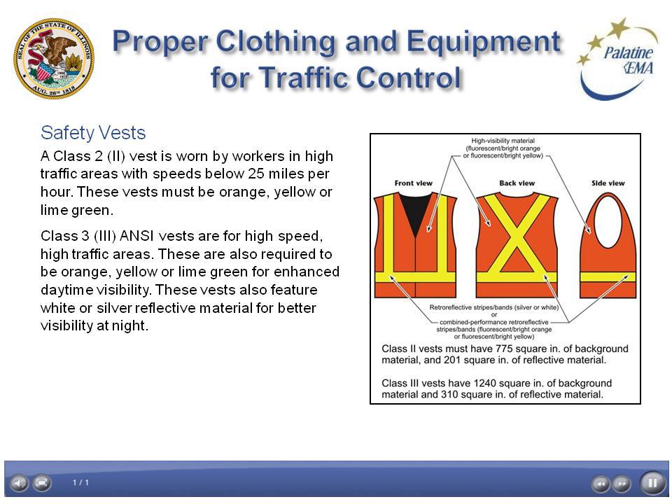 Project name: Manual Traffic Direction and Control Screen ID: Proper Clothing and Screen 20 of 24 Date: 10/03/2011 Equipment for Traffic Control Class 2 Vest Diagram.