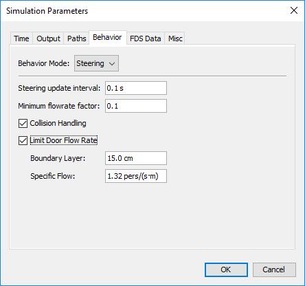 Figure 1: The simulation parameters dialog, showing settings for Steering+SFPE. 1.2 Inertia The SFPE mode supported by Pathfinder allows occupants to instantly transition between speeds without accounting for acceleration.