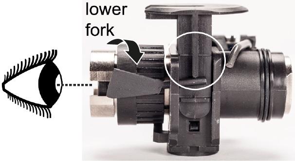 To lower the fork, turn the adjustment wheel clockwise. To lift the fork, turn the adjustment wheel counterclockwise.