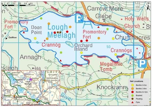 Fig. 1.1 Location map of Lough Meelagh showing locations and depths of each net (outflow is indicated on map) 1.