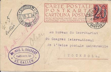C.8 8th, Stockholm, Sweden, 4 Jul.-28 Aug. 1924, continued Incoming mail with H1. as a Receiving mark, 12 Jul. 1924 Service cover with H1.,$75; Service cover with H3.