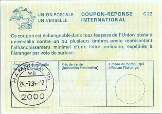 1984 International Reply Coupons Registry Receipt