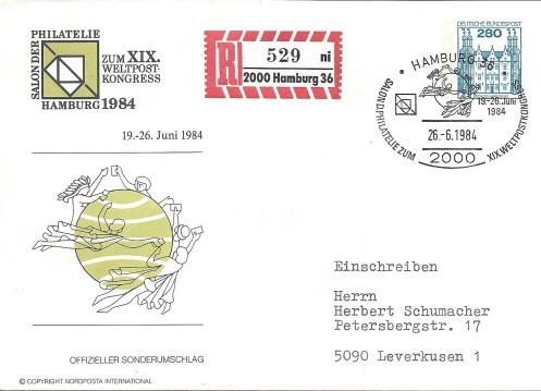C.19 19th, Hamburg, Germany, 18 Jun.-27-Jul. 1984, continued Special covers Philatelic cover with H1.