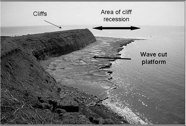 Landforms resulting from weathering, erosion and mass movement: Cliffs and wave cut platforms 6. Horizontal lines of weakness (known as bedding planes) form in cliffs. 7.