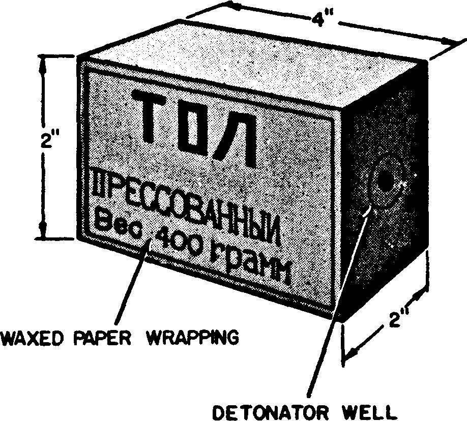 It is covered with waxed paper on which there is written an inscription in Russian as to the contents. This demolition block is used as a booster block for all demolition work.