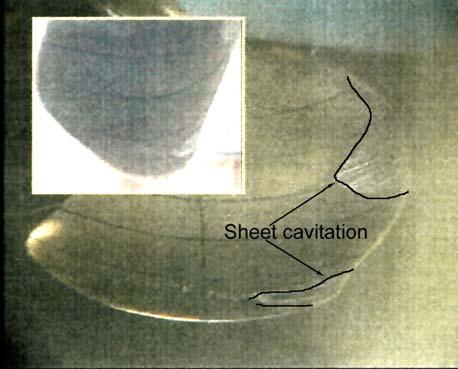 The cavitation pattern in Fig 19 illustrates that vorticity developing at the trailing edge may leave the blade at 0.9R instead of at the tip.