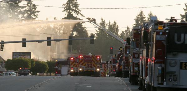 Fire engines from as far as Tacoma, Gig Harbor and Key Peninsula responded to the fire Monday at Arnold's.