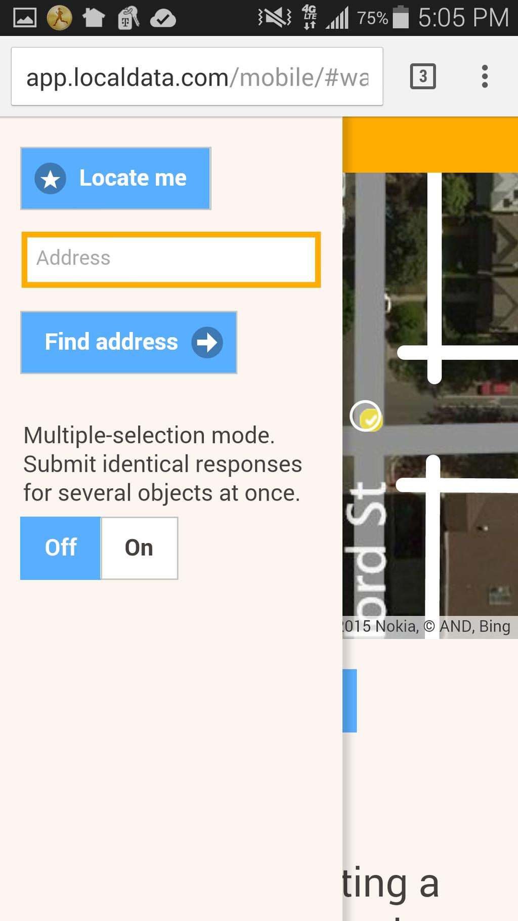 Click on the blue Locate me button to move the map to your current location. Location services must be enabled on both your device AND your browser for this to work. b. Alternatively, enter an address in the orange box and click on the blue Find address button.