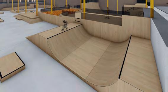 The street area features obstacles including round and flat rails, step up gaps, A-frame and box gap, bank to bank, 4 and 8 stair set with hubbas and hand rails, bank to curb with granite and cement