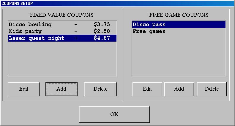 38 Coupons Setup 2.8 Coupons are used to award free games as well as credits to be used in the centre to pay for bowling, time games etc.