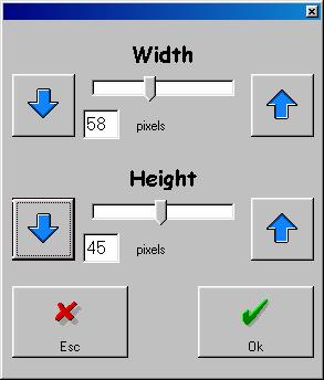 The measurement is expressed in pixels. There are two ways to vary the height and width of the Icons: A) Use the arrow buttons to vary the sizes 10 pixels at a time (each mouse click).