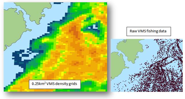 VMS densities were derived for each year 2007-2011, from all data points designated as fishing from each year. Fishing was determined by speed between 2 and 6 knots inclusive.
