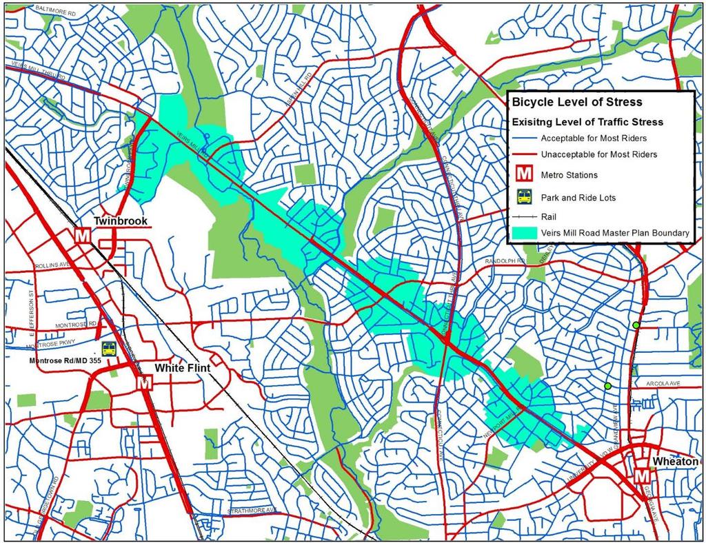 Figure 1: Bicycle Level of Stress The Veirs Mill Corridor Master Plan recommends interim improvements to provide a continuous lowstress connection for the length of the plan area and encourage