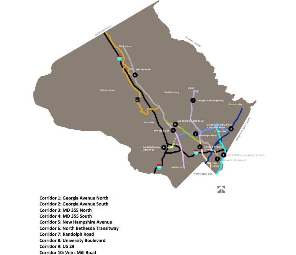 Figure 2: 2013 Countywide Transit Corridors Functional Master Plan BRT Corridors Veirs Mill Road Bus Rapid Transit Study In 2016, the MDOT SHA and the Maryland Transit Administration (MTA), in