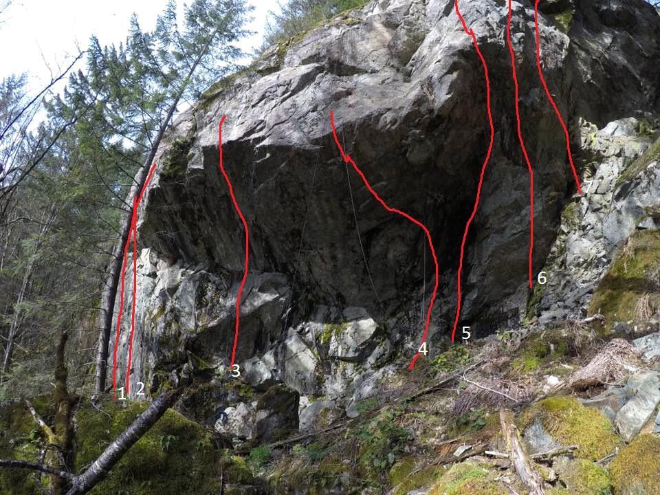 The next set of routes start off the ledge, trail passes around large fir tree to get to base I wouldn't try to scramble up to ledge super choss nothing was cleaned off that. 8. 5.