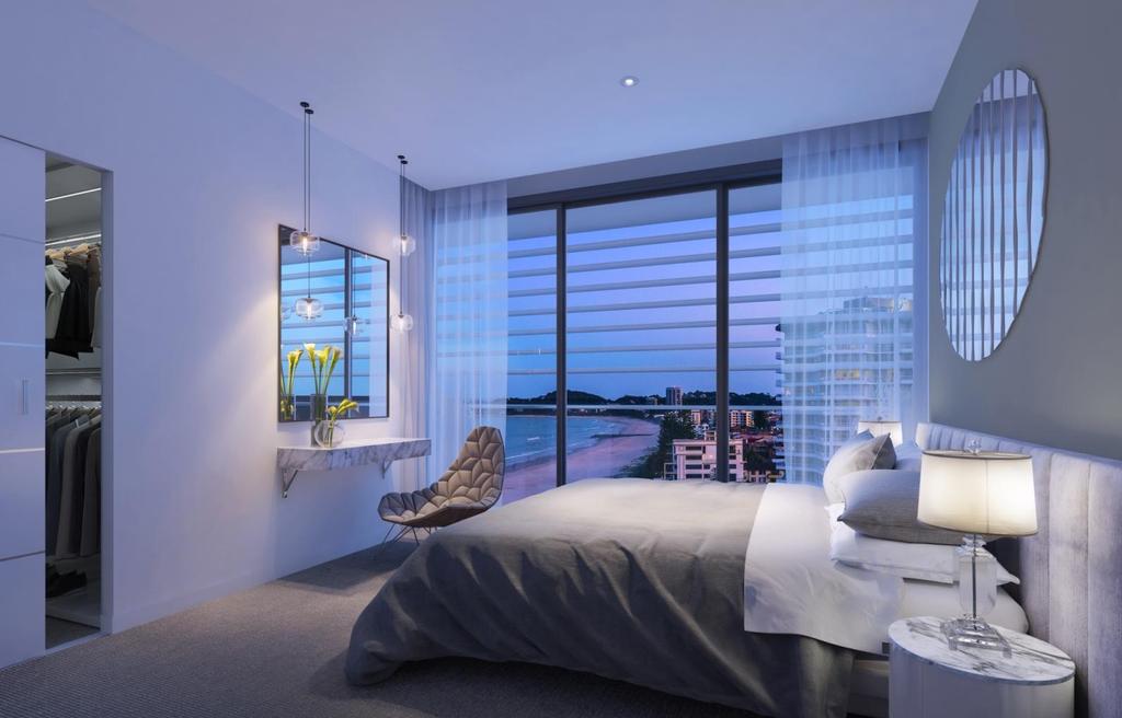 AN IDYLLIC ESCAPE From closing your eyes on the twinkling lights that line Palm Beach to waking to the sunlight gently sparkling over the waves, your master bedroom provides the perfect idyllic