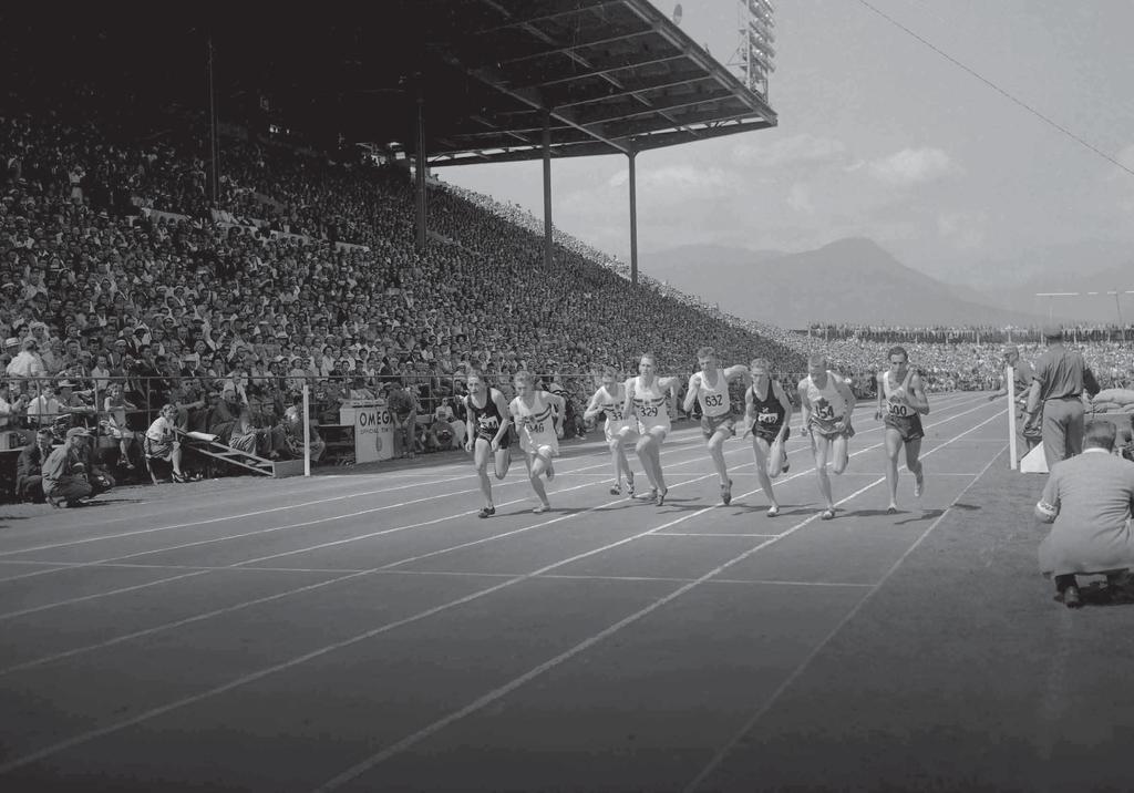 The history of a modern sporting spectacular John Landy (No.300) and Roger Bannister (No.329) compete in the Miracle Mile race during the 1954 British Empire and Commonwealth Games in Vancouver.