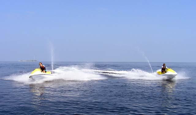 You (and your partner) will be on one jet ski, while the other jet ski will be ridden by your guide.