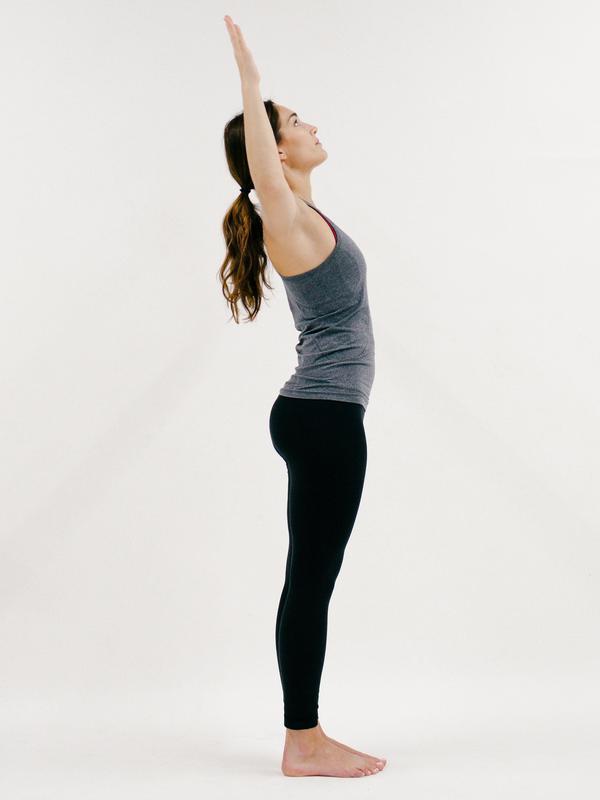 Mini Backbend 10 of 30 Come back to tadasana for a mini-backbend: bend your elbows to either side of your body at shoulder-height, like a goalpost, and lift your chest and chin up.