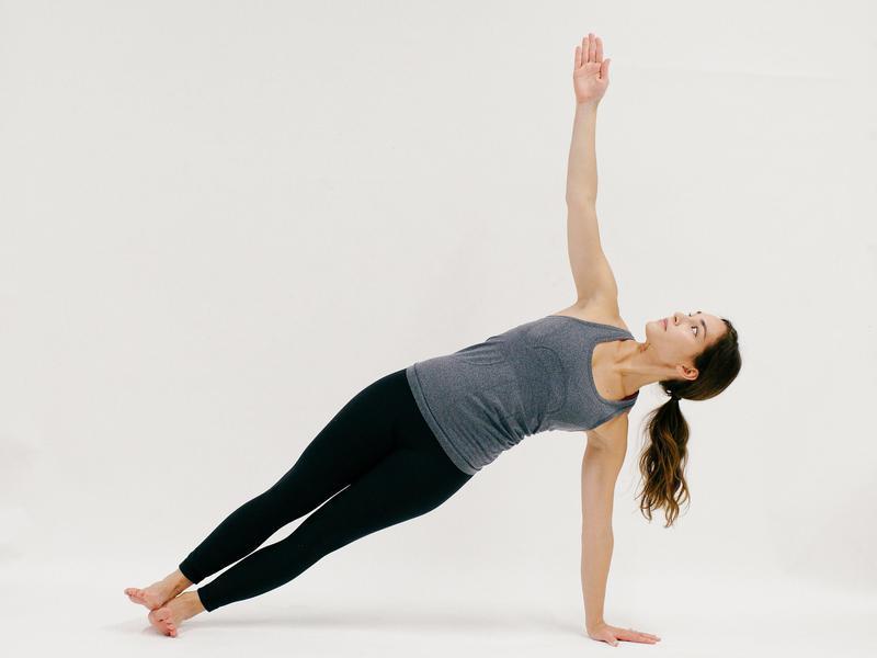 Hold for 3-5 breaths, remembering to sustain the bend through your left knee. Side Plank 18 of 30 Windmill your arms down to the ground, and transition to high plank.