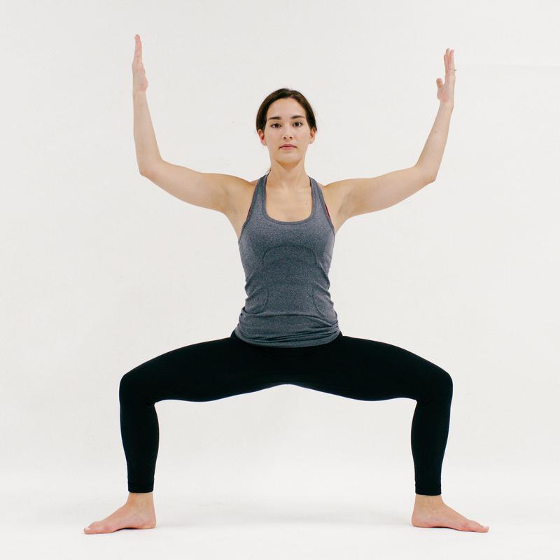 Balance for a couple of breaths, then do the other side. Horse Pose 24 of 30 Step your feet wide, and turn your toes out. Bend your knees, lowering your pelvis toward the ground.
