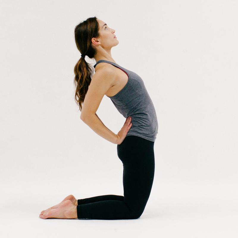 Camel Pose 26 of 30 Stand on your knees, about hip distance apart. Release the tops of your feet to the ground, with your heels directly behind your knees.
