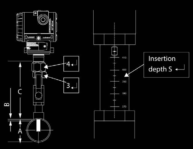 5. Insert the sensor probe through the ball valve (isolation valve) into the pipe. The correct insertion depth places the sensor at the pipe s centreline. 6.