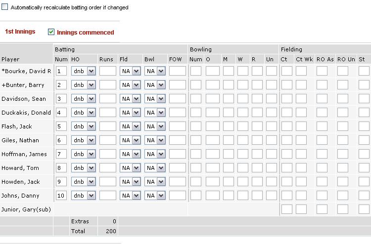 The batting order displayed is based on the order in which players were selected during Select Teams. If this order has changed, check the Automatically recalculate batting order if changed checkbox.