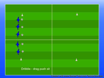 Dribble and perform scissors Rotate roles Now dribble across performing skill on both mannequins Number players 1to 3 and players go when number called. 1. 3 touches inside of foot/ 3 touches outside of foot.