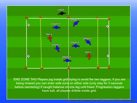 Group Under 8 s Session 6 Warm Up Skill Development 3v1 3v3 Multi Goal End Zone Tag Players jog inside grid trying to avoid the two taggers, if you are being chased you can enter safe