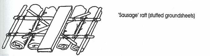 'Sausage' raft The 'sausage' raft is also a fine raft, and can be made out of groundsheets. You will again require brush or wire netting. Make up 6 to 8 sausages, and bind the groundsheet well.