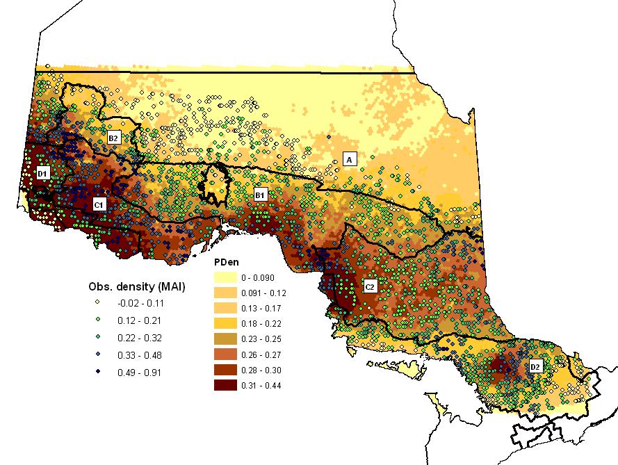 Model of Environmental Carrying Capacity Climate envelope -Darker colors = higher moose density expected -Dots =