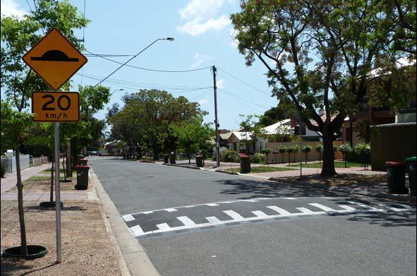 Park (Watts Profile Hump), Leah Street Goodwood (Road Cushions). 5. Roundabouts A roundabout visually defines an intersection. It reduces speeds and simplifies the allocation of priorities.