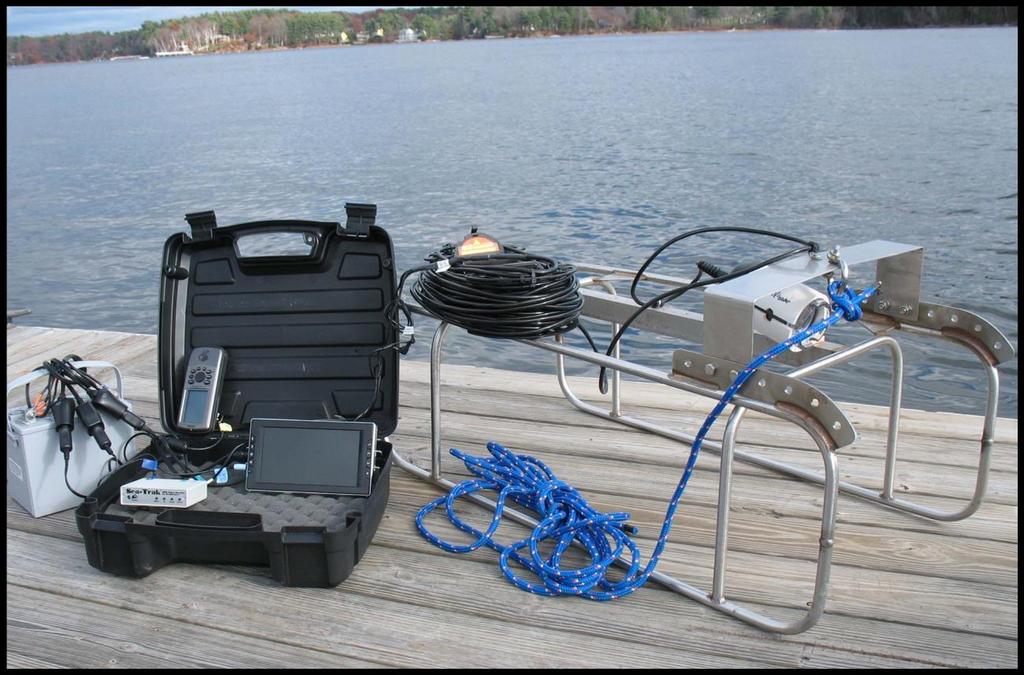 Fig. 3. Towed underwater video system showing major components (see text for details). It was not possible to determine how many historical reef areas (Fig. 2) and recent major restoration areas (Fig.