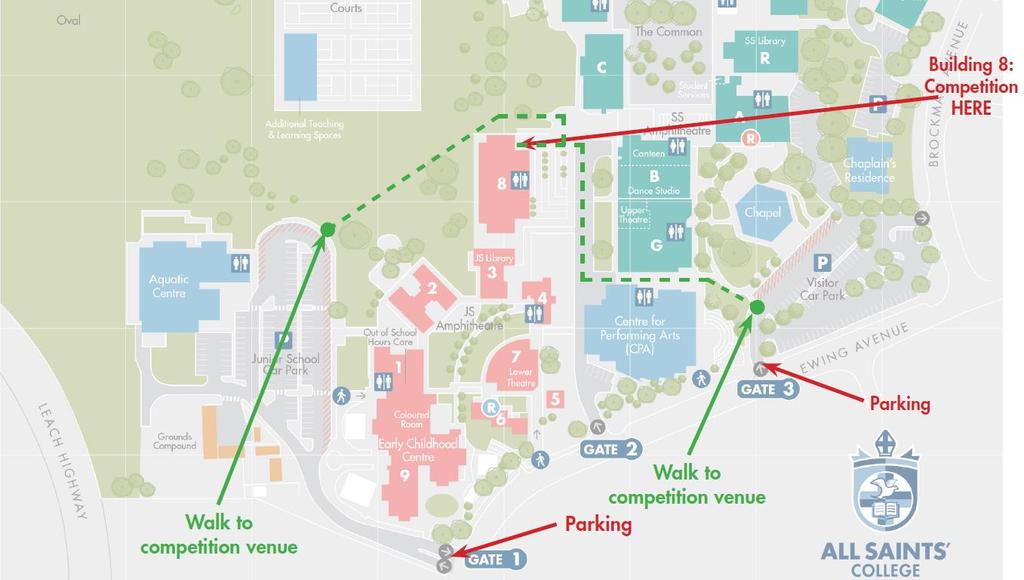 Upon arrival, all teams should proceed to entry on Level 2 as indicated by the map. OnStage Performance and the Welcome Presentation will be held on level 2.