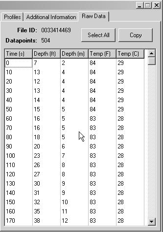 Although scales are not shown, you can get precise information for any point in the profile by simply placing the mouse cursor there and examining the corresponding numbers (time, depth, temperature,