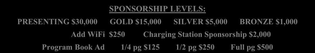 Sponsorship, Vendor Table, & Program Book Registration Form Deadline: Saturday, May 13, 2017 SPONSORSHIP LEVELS: PRESENTING $30,000 GOLD $15,000 SILVER $5,000 BRONZE $1,000 Add WiFi $250 Charging