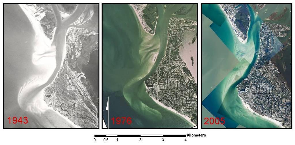 shoreline. The 1961 photograph shows a new perpendicular breach. Figure 7. Aerial photographs of Big Sarasota Pass illustrating the morphology change of the ebb tidal delta over the last 60 years.
