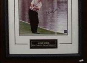 hand-signed Mike Weir 14" x 20" action photo. This item has a dark frame and includes a decorative v- groove.