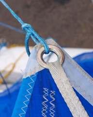 Before racing you should be sure that the reinforced area of the halyard is in the cleat when the spinnaker is hoisted, adjust this by shortening or lengthening the knot at the head of the spinnaker.
